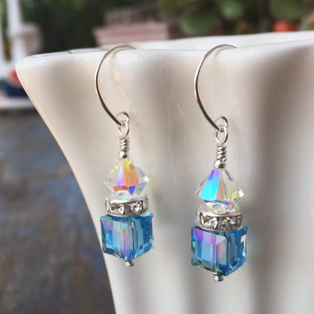 Something Blue Swarovski Crystal Cube Sterling Silver Earrings