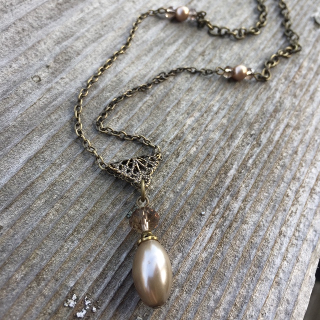 Champagne Pearls Vintage Romance Gold brass Filigree Necklace
