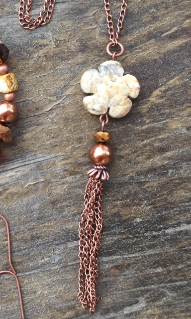 Spicy Suede Oak Gemstone Crystal Pearl Tassel Copper Necklace 