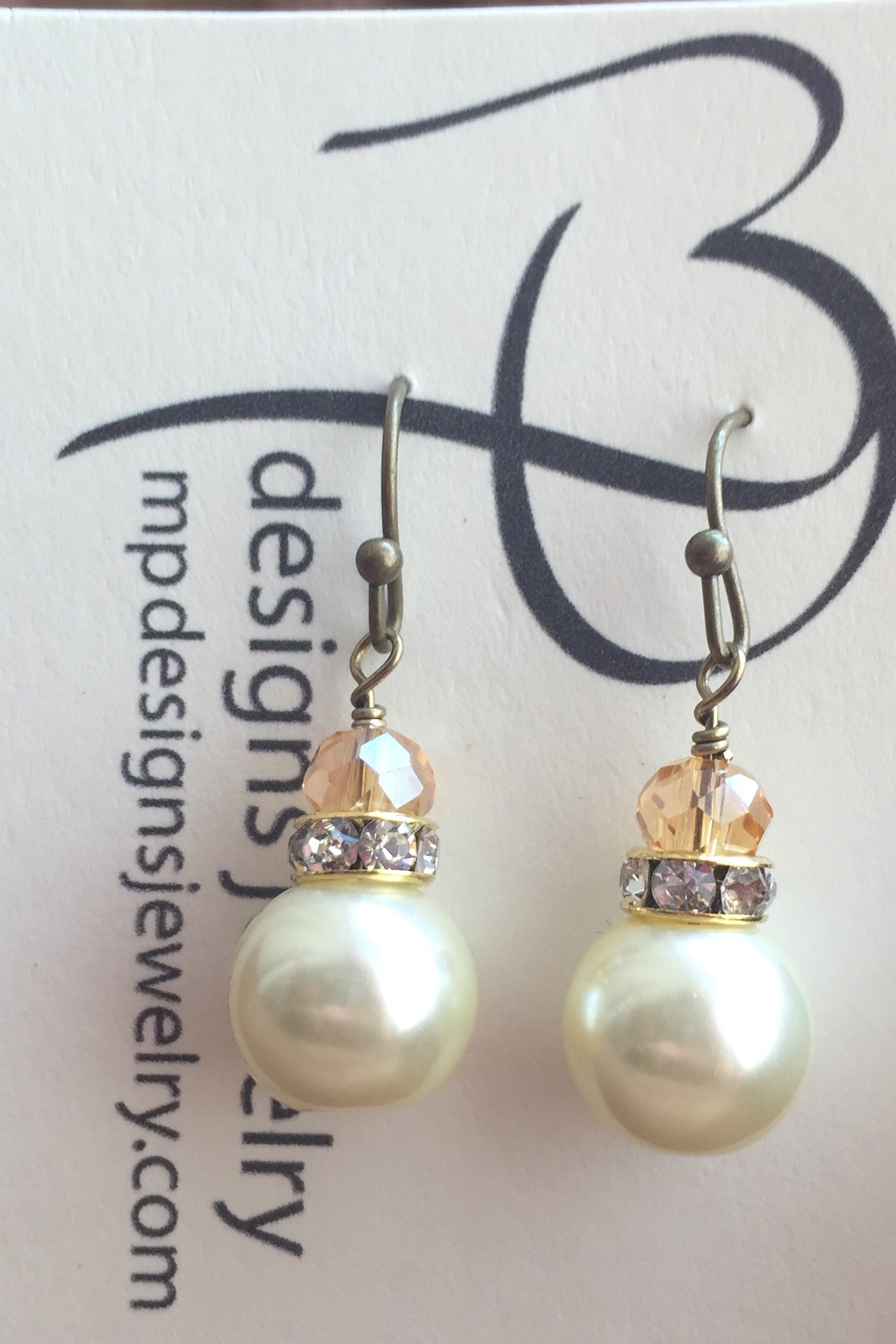 Creamy White Pearl Mini Topaz Antiqued Gold crystal Earrings 