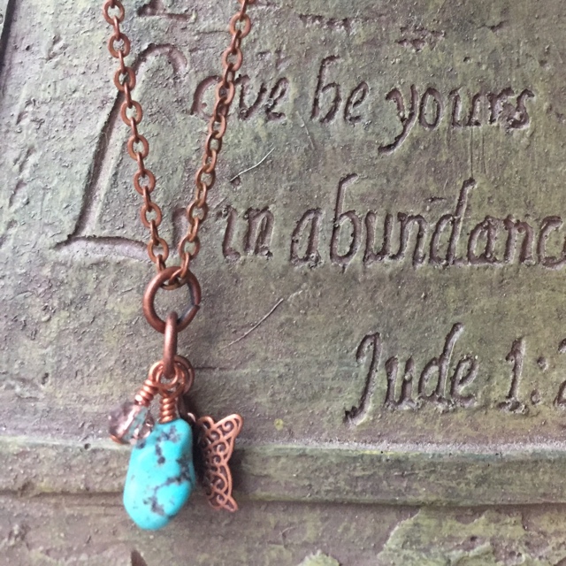 Copper Turquoise nugget butterfly crystal charm necklace 
