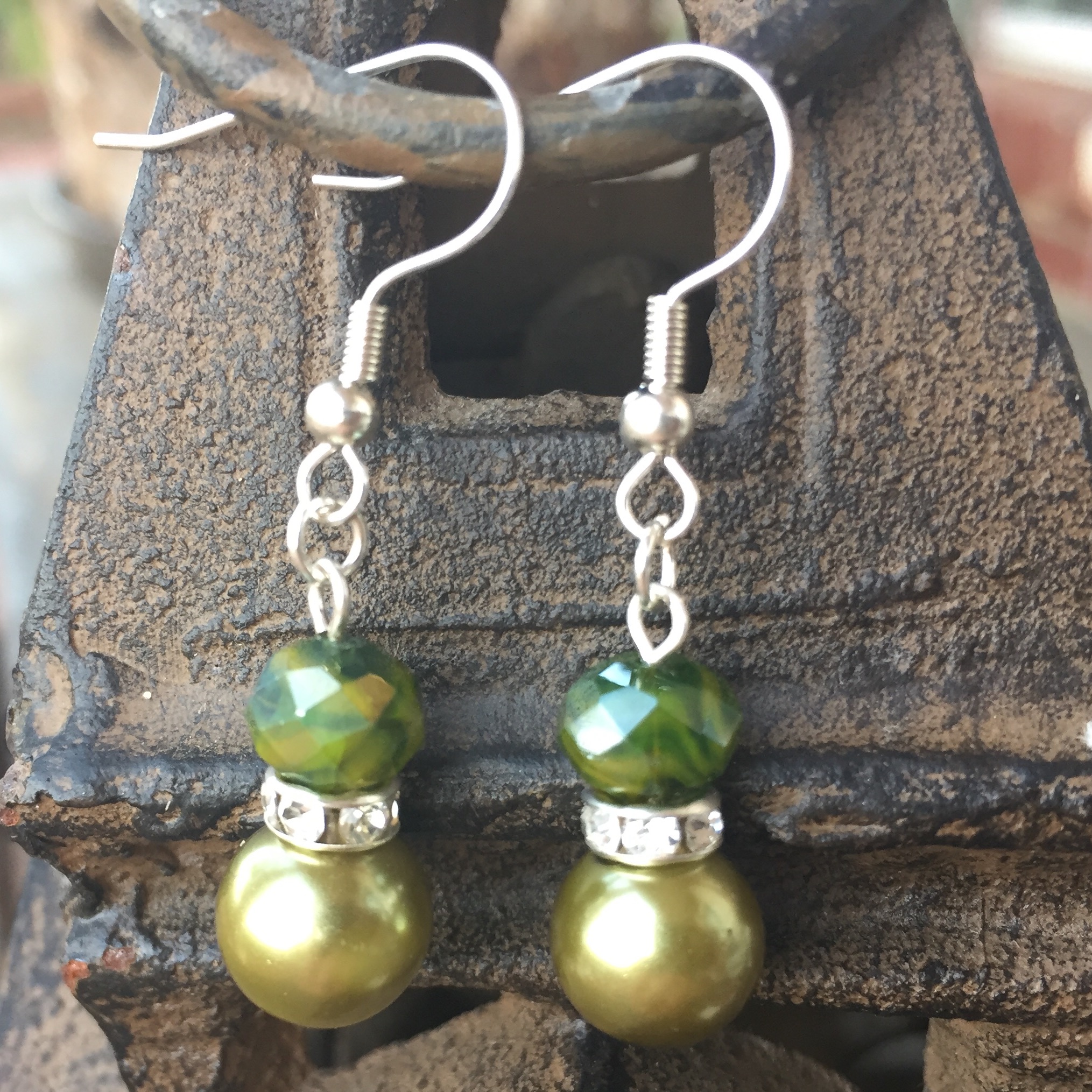 Greenery green olive Pearl Chrystal rhinestone silver earring  