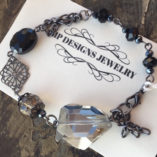 Vintage Romance ~ Steampunk Smokey Grey Crystal Black Charm Bracelet 