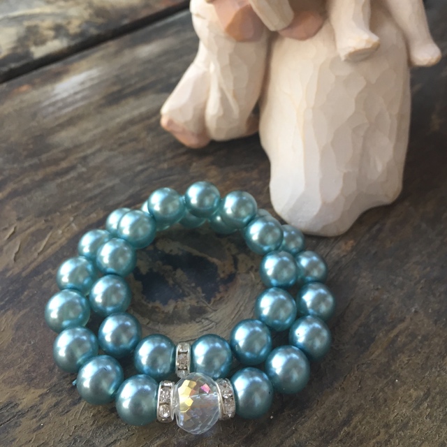 Mommy and Me Matching  Aqua Blue glass Pearl Crystal Stretch Bracelets 