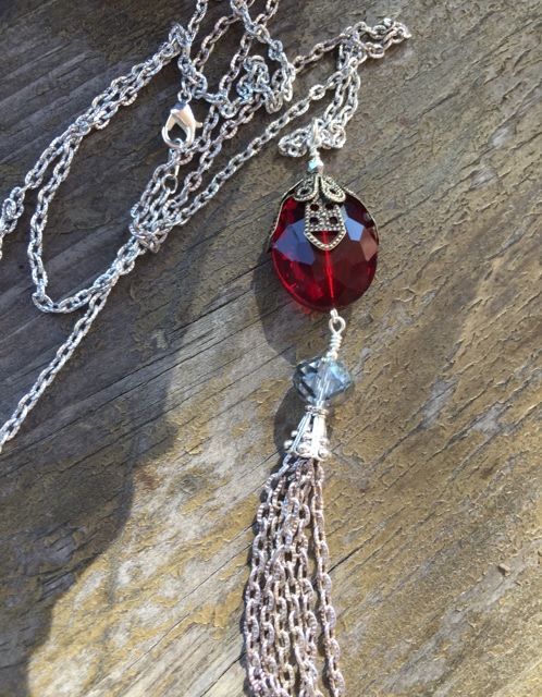 Red Quartz Filigree Tassel Holiday Necklace 