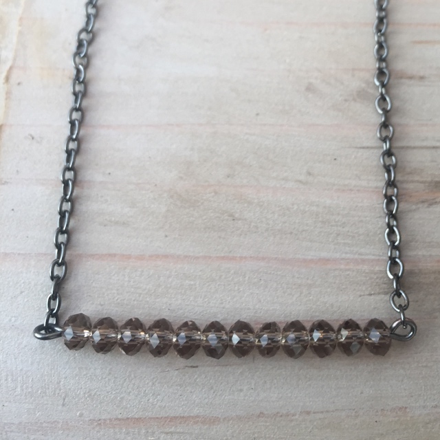 Smokey Taupe Gun Metal Black Crystal Bar Necklace 