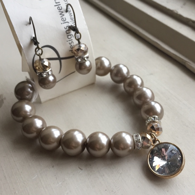 Golden Taupe Fancy Pearl Crystal Bracelet Earrings Set