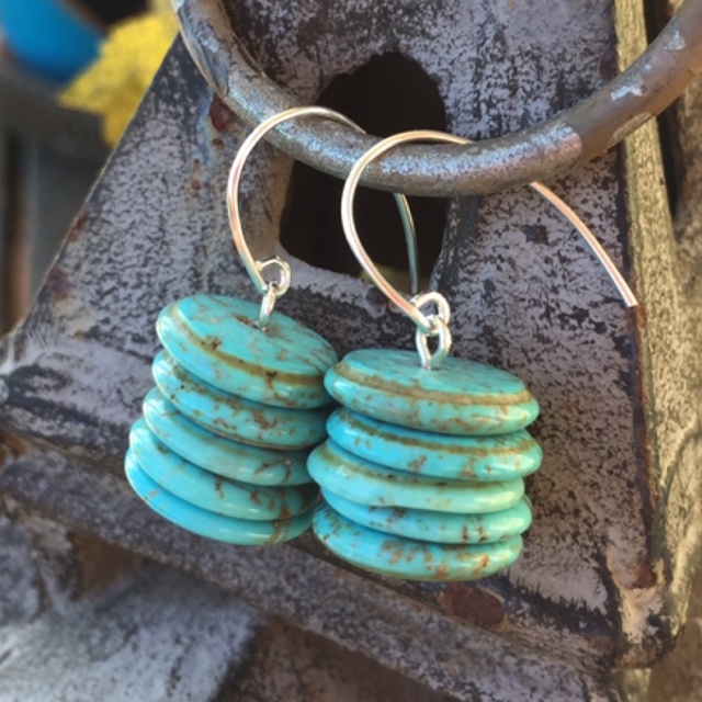 Blue Turquoise Gemstone  Stack Sterling Silver Earrings 