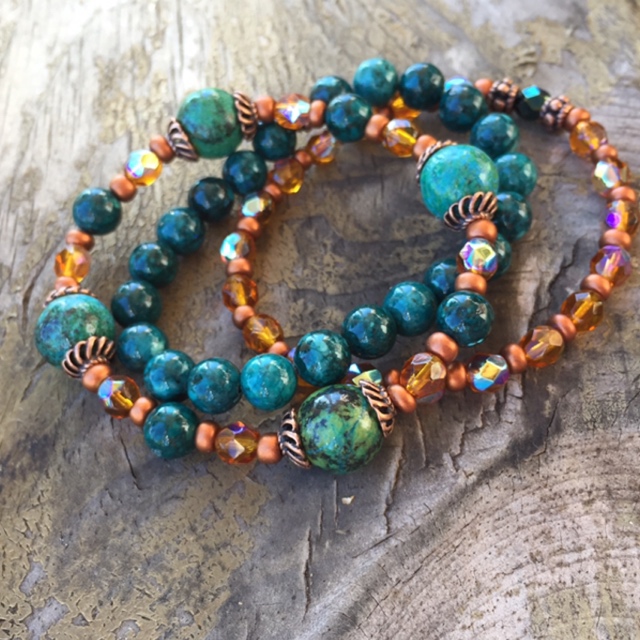 Blue Mosaic Turquoise Copper Boho Bracelet Stack