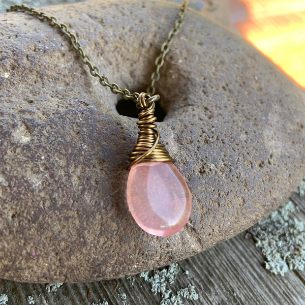 WireCherry Quartz Bronze  Wrapped Pendant Necklace