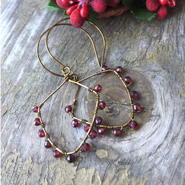 Garnet Gemstone Bronze Artisan Holiday Earrings 