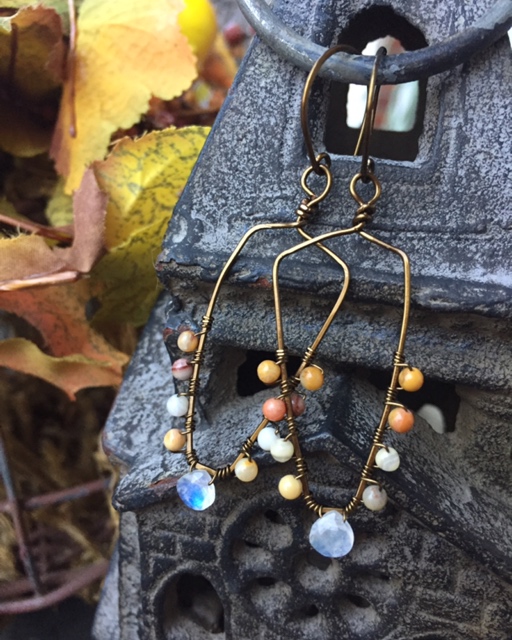 Moonstone Fall Gemstone Bronze Hoop Earrings 