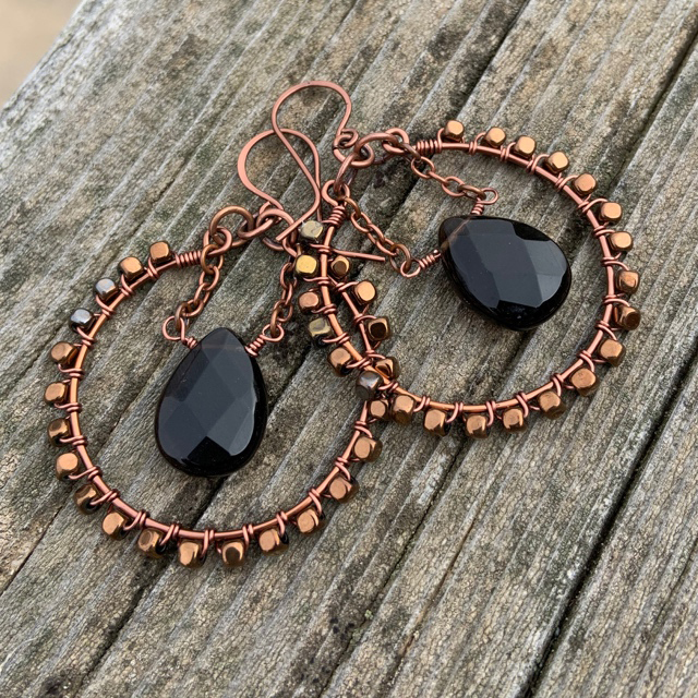 Copper Hematite Smokey Quartz Wire Wrapped Round Hoop Earrings