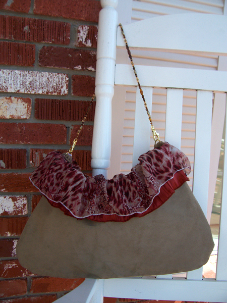 red tan ruffled handbag