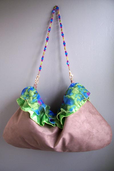 Lime green blue tan ruffle purse