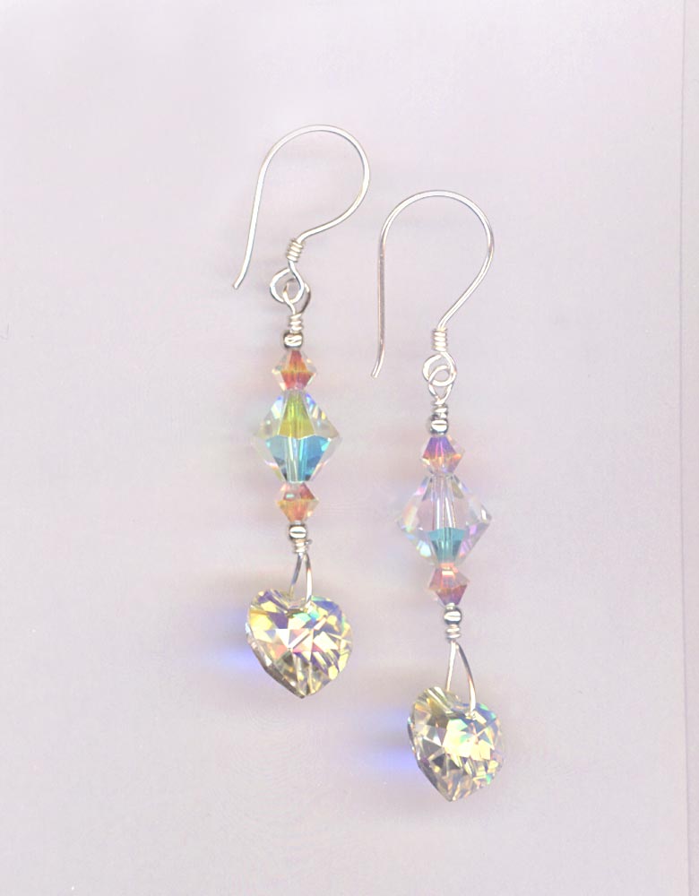 Swar Crystal AB heart dangle stack Bali earrings