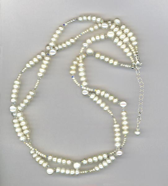 Freshwater White Pearls Swarovski Crystal Bridal Wedding 2-strand Necklace