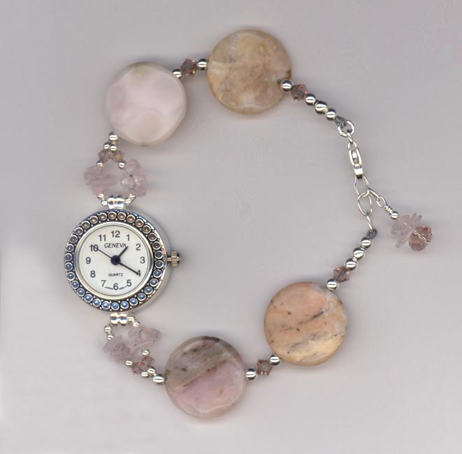 Pink Opal Swarovski Crystal Sterling Silver Beaded Geneva Watch