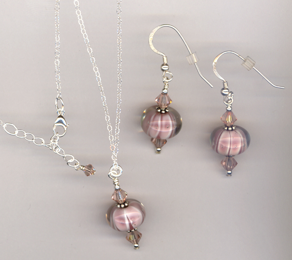 pink white lampwork earrings set