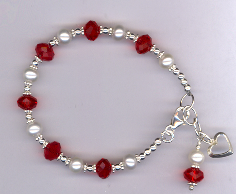 Beloved ~ Red Crystal White Pearl Sterling Charm Bracelet