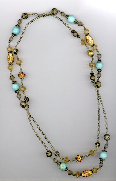 Desert Rain ~ Turquoise Blue Antiqued Gold Crystal Necklace