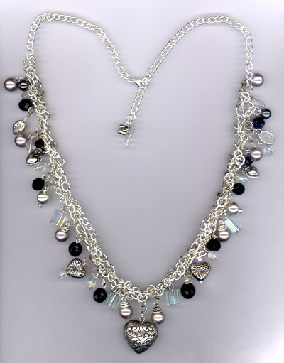My Heart Beats For You ~ Silver Black Gray Pearl Charm Necklace