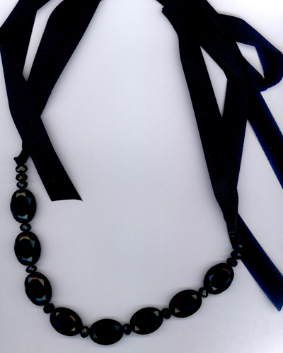Jet Crystal Agate Beaded Ribbon Necklace
