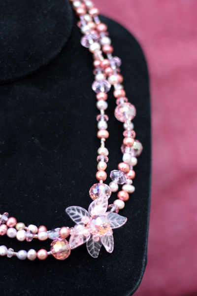 Peony Pink ~ Triple Layered Pearl Crystal Copper Necklace