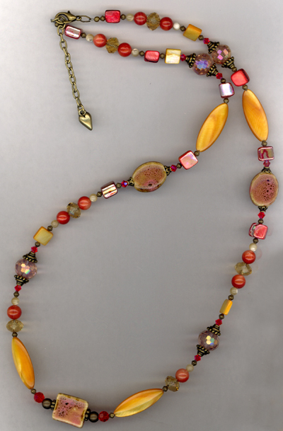 Caliente ~ Orange Shell Crystal Gold Beaded Necklace