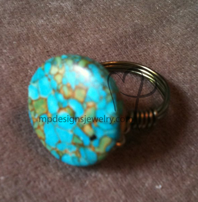 Blue Mosaic Turquoise Gun Metal Wire-wrapped Ring