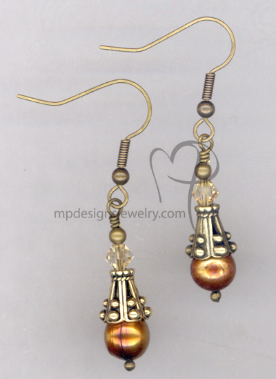 Bronze Pearl Antique Gold  Crystal Earrings