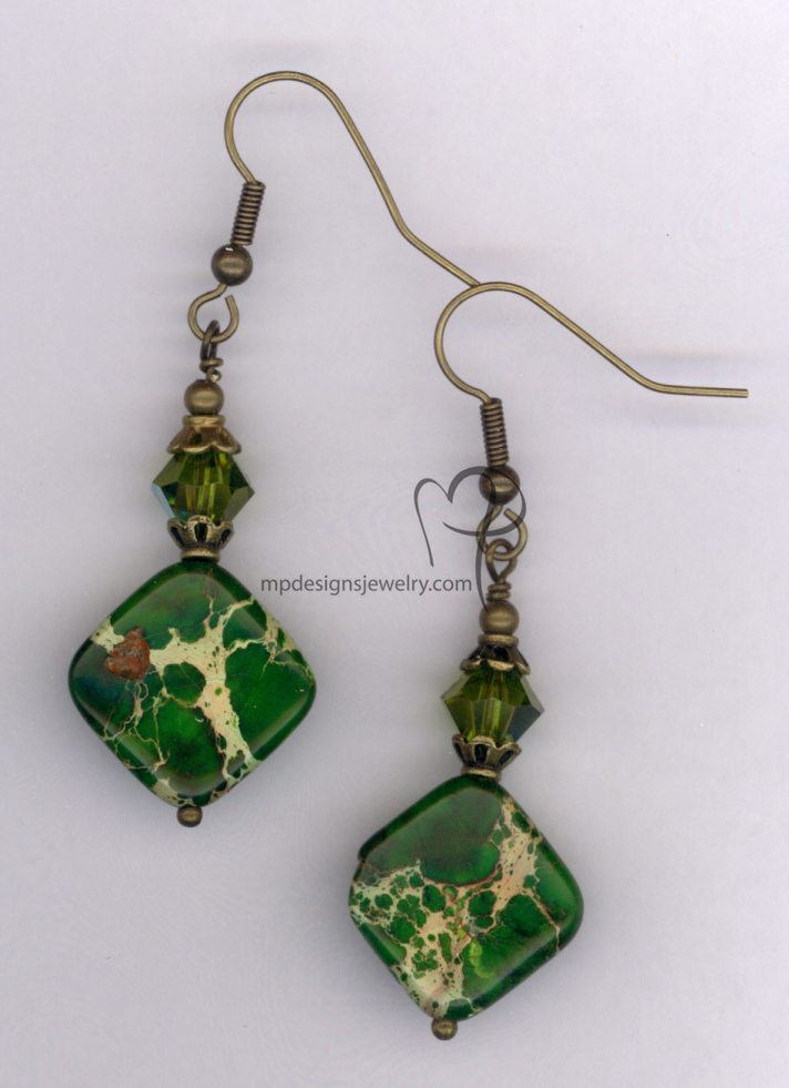 Mossy Meadow ~ Gemstone Swarovski Crystal Antiqued Gold Earrings
