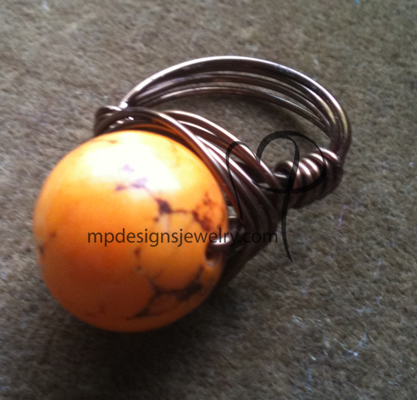Orange Turquoise Round Gemstone Gun Metal Wire-wrapped Ring