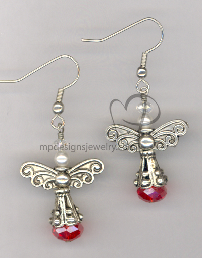 Angels Wings ~ Red Crystal White Swaroski Pearl Silver Earrings
