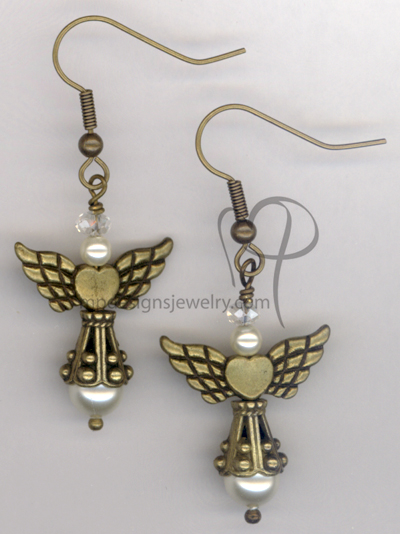 Angels Wings ~  Swarovski Creamy White Pearl Antiqued Gold  Heart Earrings