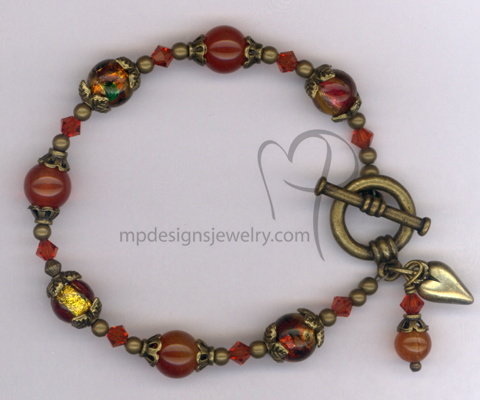 Indian Summer ~ Gemstone Dichroic Art Glass Swarovski Crystal Antiqued Gold heart Charm Bracelet