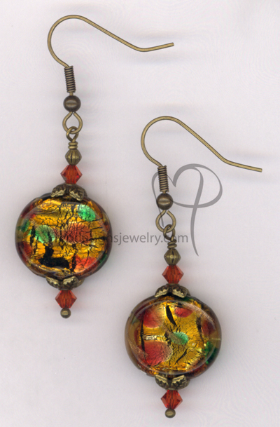 Indian Summer ~  Dichroic Art Glass Swarovski Crystal Antiqued Gold Earrings