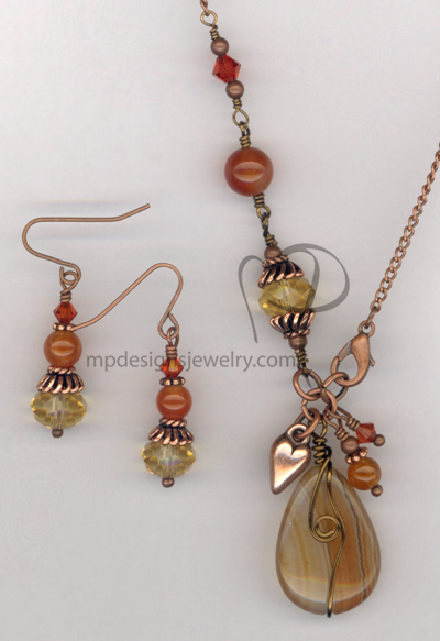 Caramel Swirl ~ Gemstone Copper Swarovski Crystal Necklace Earrings Set