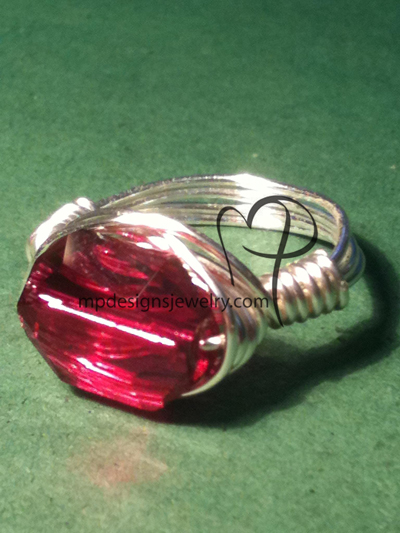 Ruby Swarovski Crystal Silver Wire-wrapped Ring