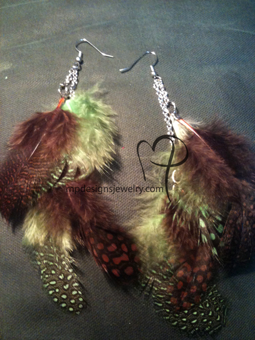 Brown Green Soft Feather & Chain Earrings
