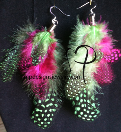 Pink Green long Feather Earrings
