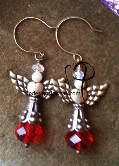 Angels Wings ~  Red Swarovski Creamy White Pearl Antiqued Gold Heart Earrings