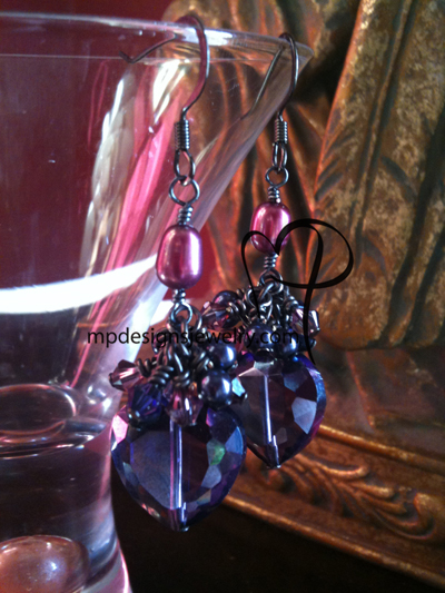 Passion ~ Purple Crystal Heart Cluster Gun Metal Earrings