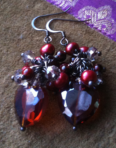 Passion ~ Red Heart Pearl Cluster Black Earrings