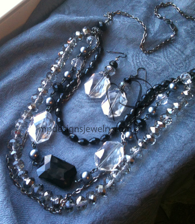 Cascading Crystals ~ Black Layered Crystal Chain Necklace/Earrings Set