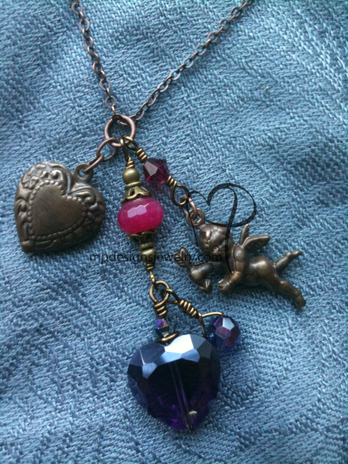 Cupid-Be Mine! Vintaj Brass Crystal Jade Heart Charm Necklace