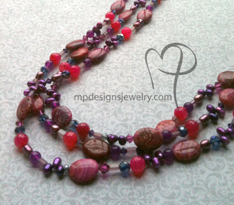 Cabaret ~ Gemstone Pearl Crystal Triple Strand Necklace