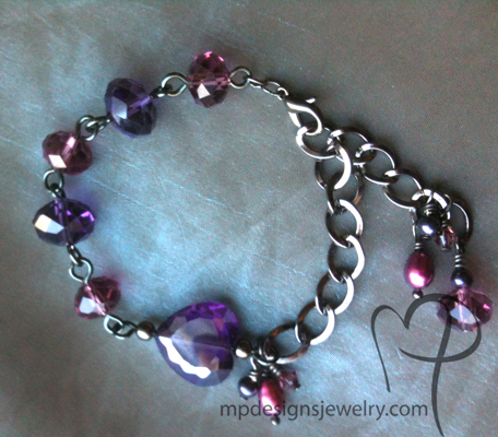 Passion ~ Purple Crystal Heart Pearl Cluster Bracelet