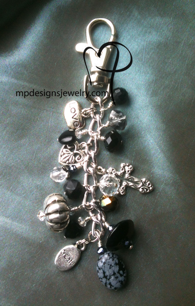 Whimsy Girl ~ Black Crystal Heart Cross Key/Purse Charm