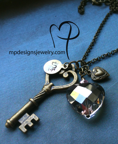Love is the Key ~ Charm Crystal Heart Antiqued Gold Brass Necklace